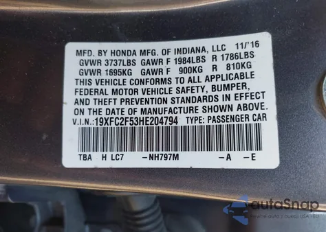 2017 Honda Civic Lx из США, поврежденный, VIN 19XFC2F53HE204794